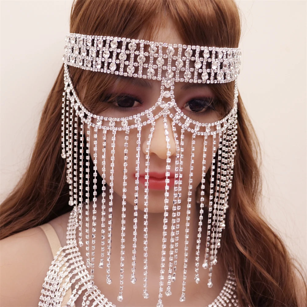 Rhinestone Belly Dance Long Tassel Face Veil