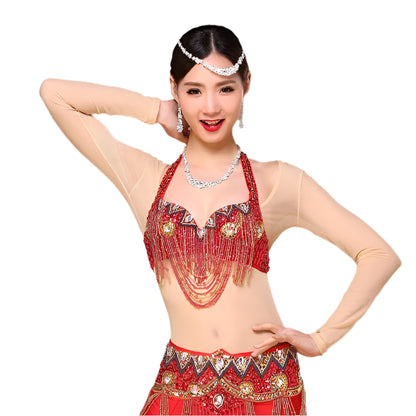 Plus Size Long Sleeve Belly Dance Bodysuit – Nude Color Chest-Opened Dance Top