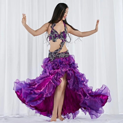 Royal Ruffles: Rhinestone-Adorned Belly Dance Costume with Customizable Fit