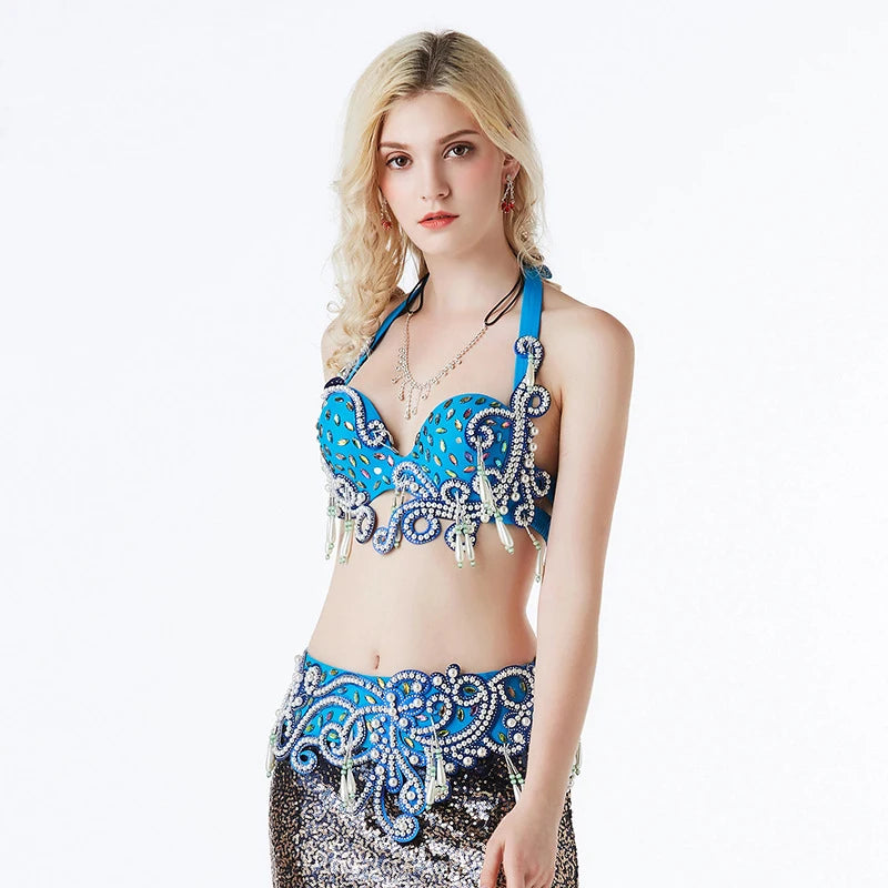 Belly Dance Bra Top with Sequins and Beaded Waist Belt