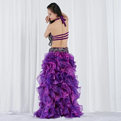 Royal Ruffles: Rhinestone-Adorned Belly Dance Costume with Customizable Fit