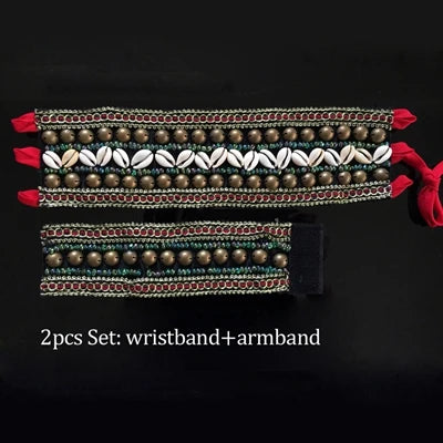 Tribal Belly Dance Armband & Wristband Set – Bronze Beads Adjustable Fit