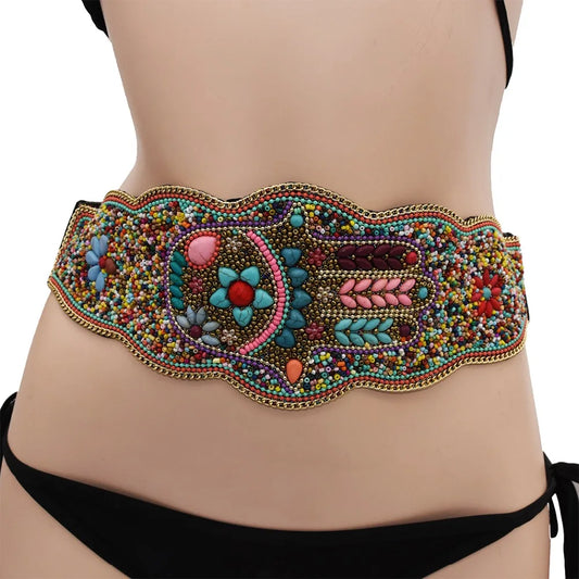 Gypsy Tribal Ethnic Elastic Corset Belt - Bohemian Embroidered Waist Belt