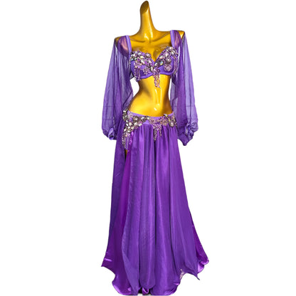 Elegant 2-Piece Bellydance Costume – Rhinestone Bra & Flowing Skirt