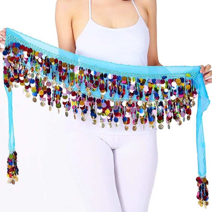 Colorful Double-Layer Sequin Tassel Belly Dance Hip Scarf