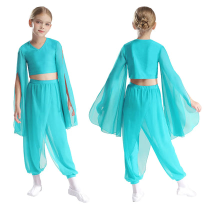 Kids' Dance Outfit - Split-Sleeve Crop Top & Chiffon Pants