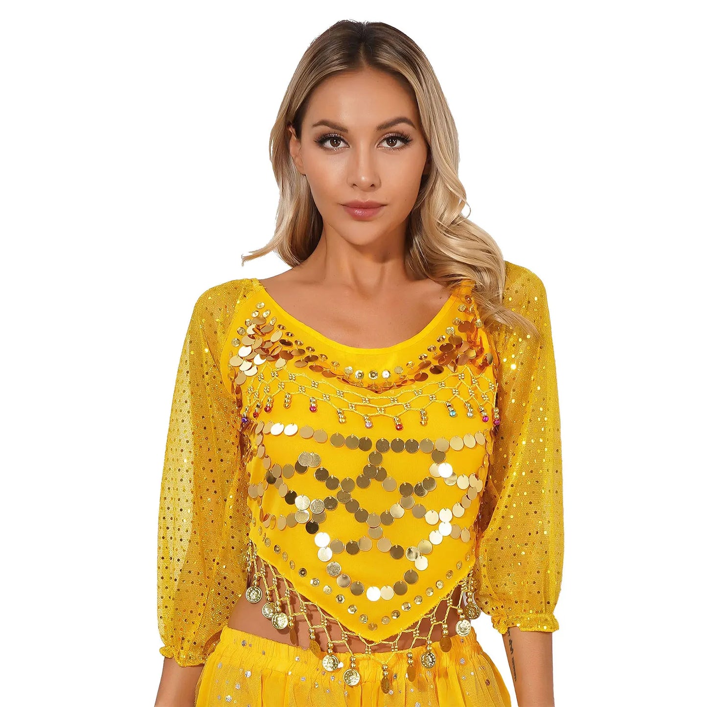 Sequined Long Sleeve Belly Dance Chiffon Crop Top – Self-Tie Back