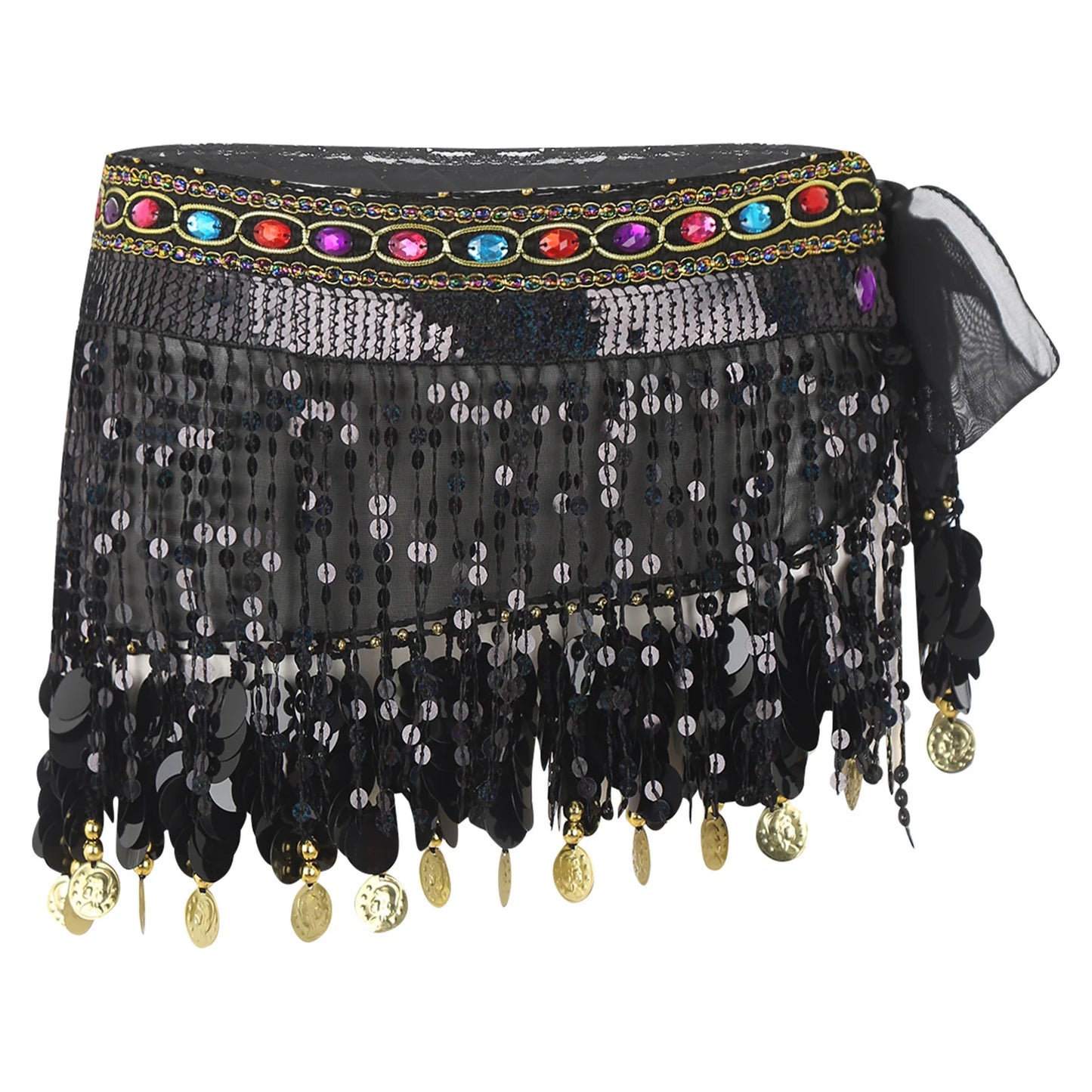 Women's Belly Dance Hip Scarf – Sequin Tassel Lace-Up Skirt for Cha-Cha & Tango