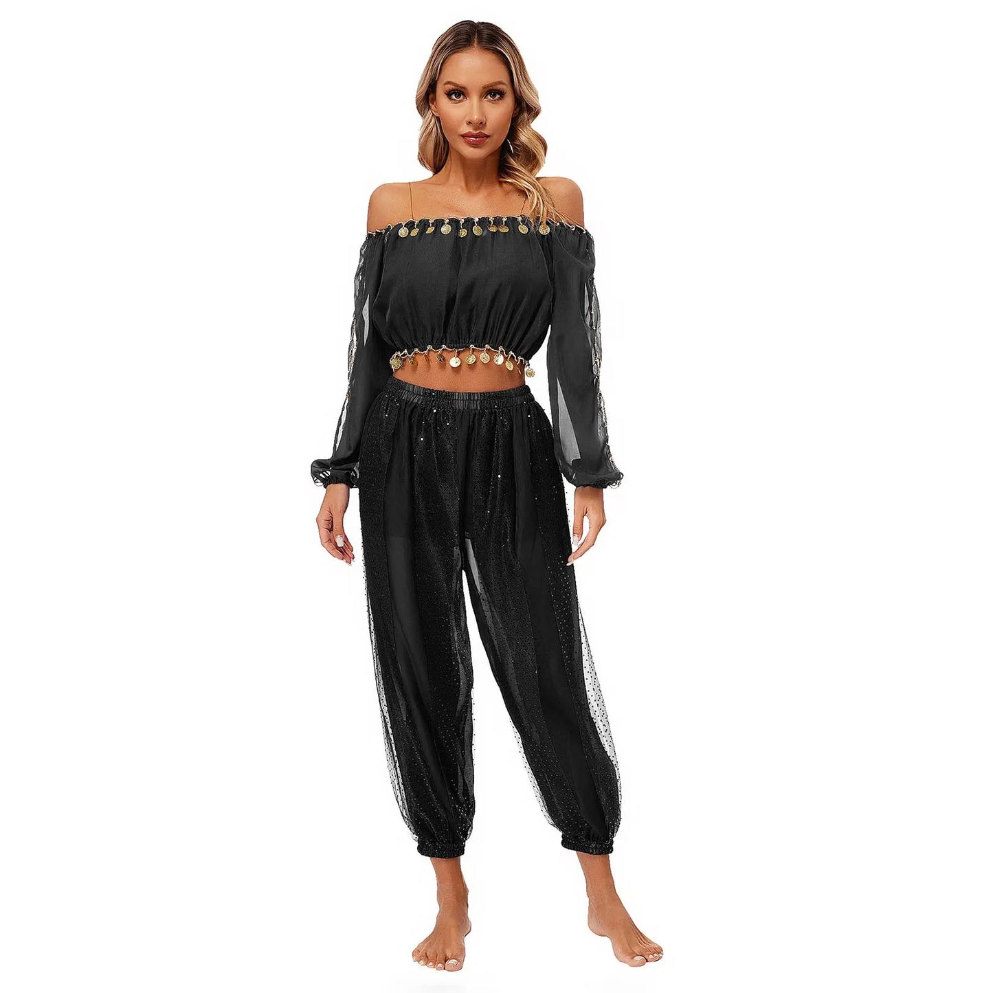 Belly Dance 2-Piece Set (Off-Shoulder Crop Top & Pants)