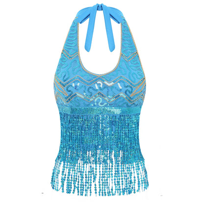 Halter Belly Dance Top with Sequins & Fringe