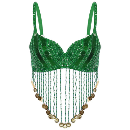 Belly Dance Bra with Beaded Tassels & Sequins