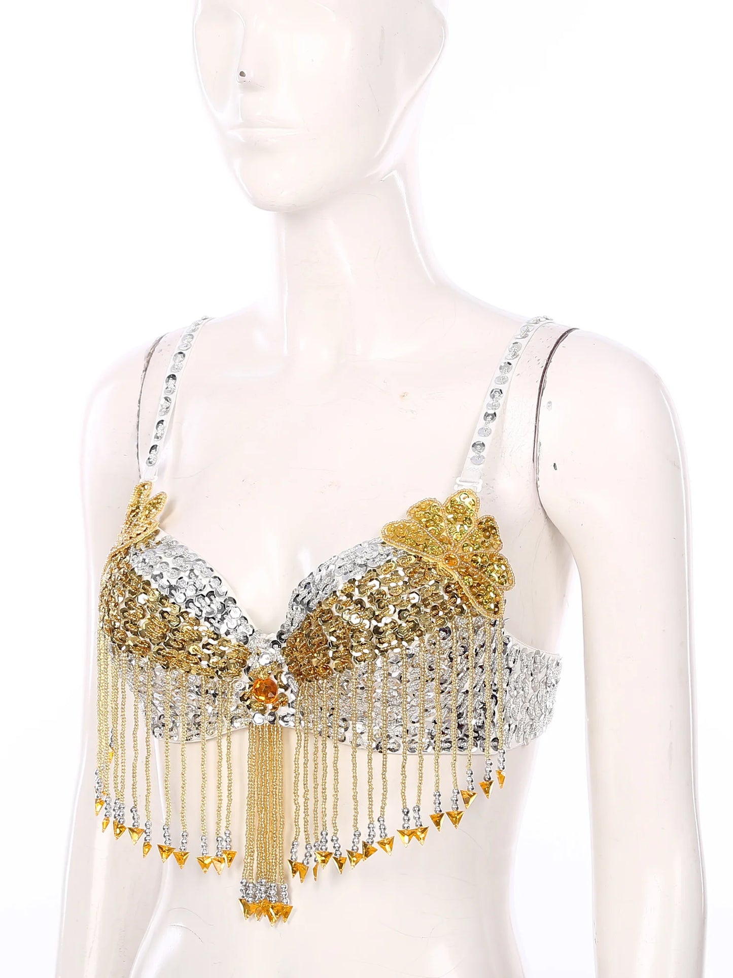 Belly Dance Bra with Beaded Tassels & Sequin Flowers