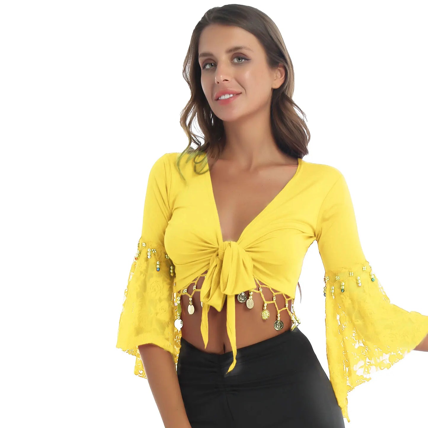 Flare Sleeve Tassel Crop Top