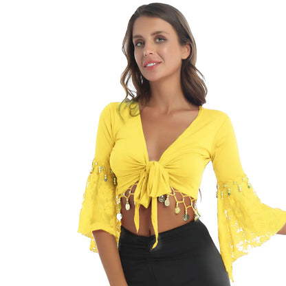 Flare Sleeve Tassel Crop Top