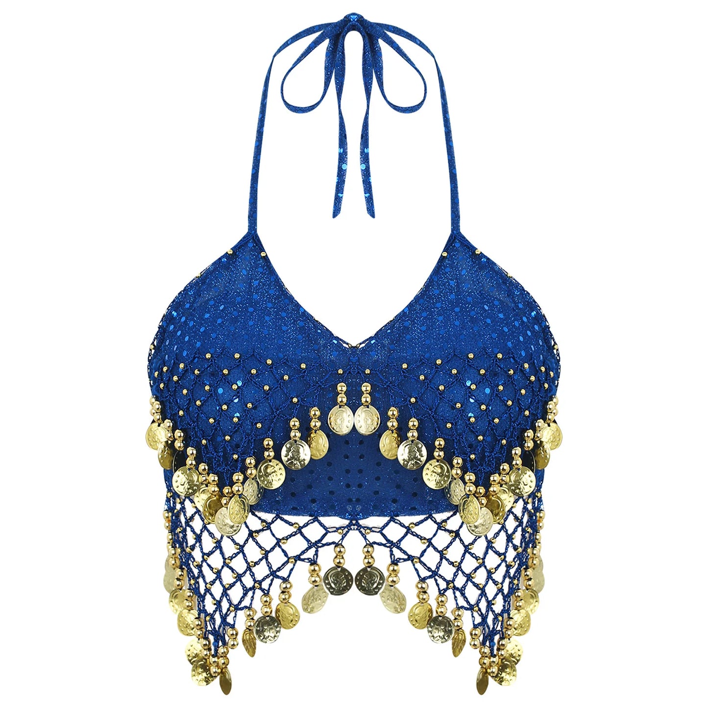 Belly Dance Coin Bra Top – Adjustable Lace-Up Design with Beads