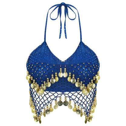 Belly Dance Coin Bra Top – Adjustable Lace-Up Design with Beads