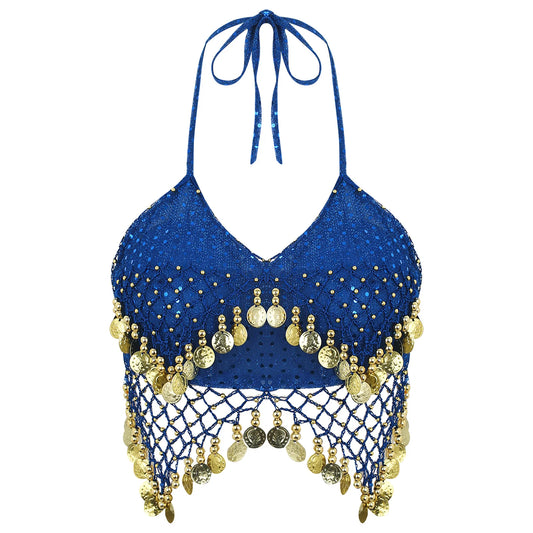 Belly Dance Coin Bra Top – Adjustable Lace-Up Design with Beads