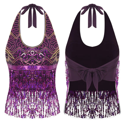 Halter Belly Dance Top with Sequins & Fringe