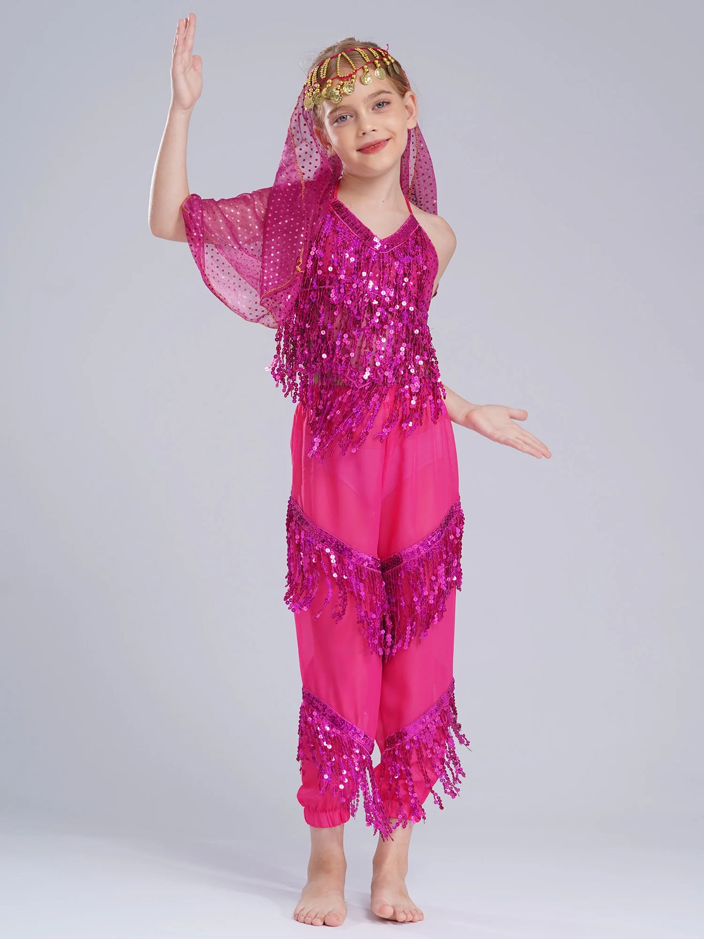 3-Piece Girls' Sequin Belly Dance Costume – Halter Top, Pants & Headscarf