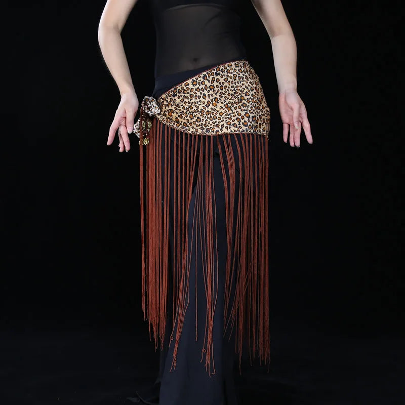 Leopard Print Stretch Velvet Belt with Long Fringe