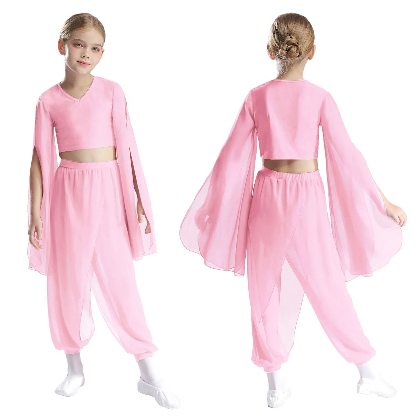 Kids' Dance Outfit - Split-Sleeve Crop Top & Chiffon Pants