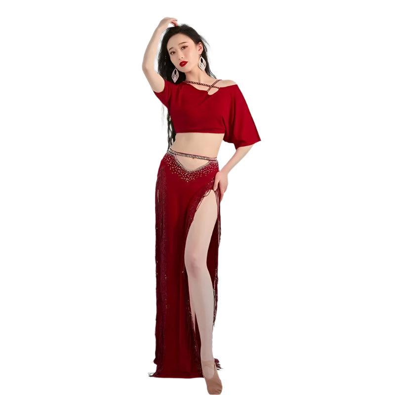 Short Sleeves Top + Long Skirt 2-Piece Belly Dance Performance Set