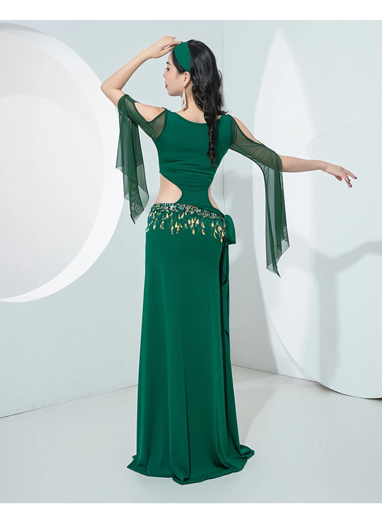 4-Piece Egyptian Baladi/ Saidi Dress with Mesh Sleeves & Sequined Belt