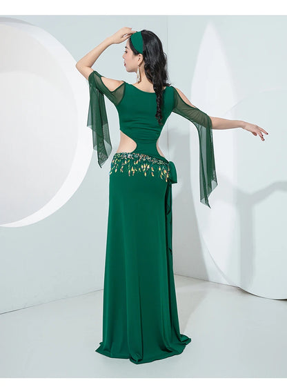 4-Piece Egyptian Baladi/ Saidi Dress with Mesh Sleeves & Sequined Belt