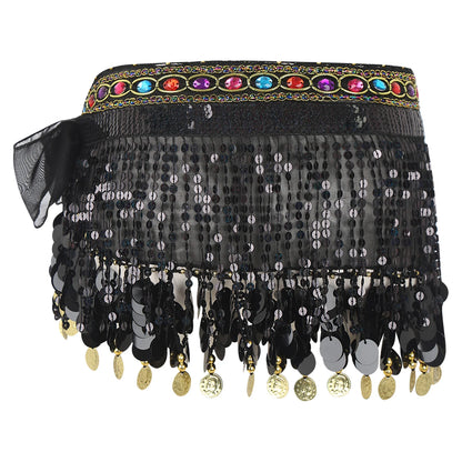 Women's Belly Dance Hip Scarf – Sequin Tassel Lace-Up Skirt for Cha-Cha & Tango