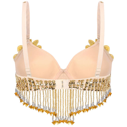 Belly Dance Bra with Beaded Tassels & Sequin Flowers