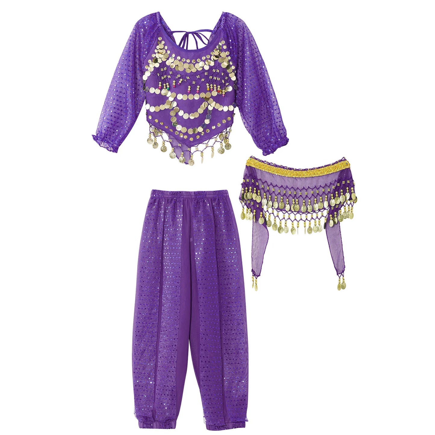 Kids' Belly Dance Outfit - Sequin Crop Top, Pants & Hip Scarf