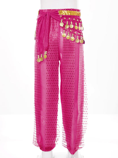 Kids' Belly Dance Costume Set - Sequined Pants & Beaded Hip Scarf