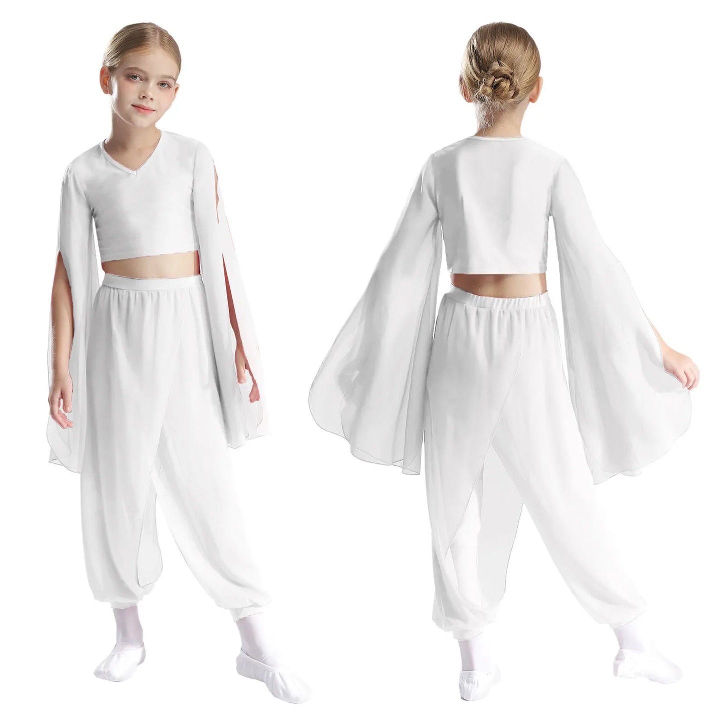 Kids' Dance Outfit - Split-Sleeve Crop Top & Chiffon Pants