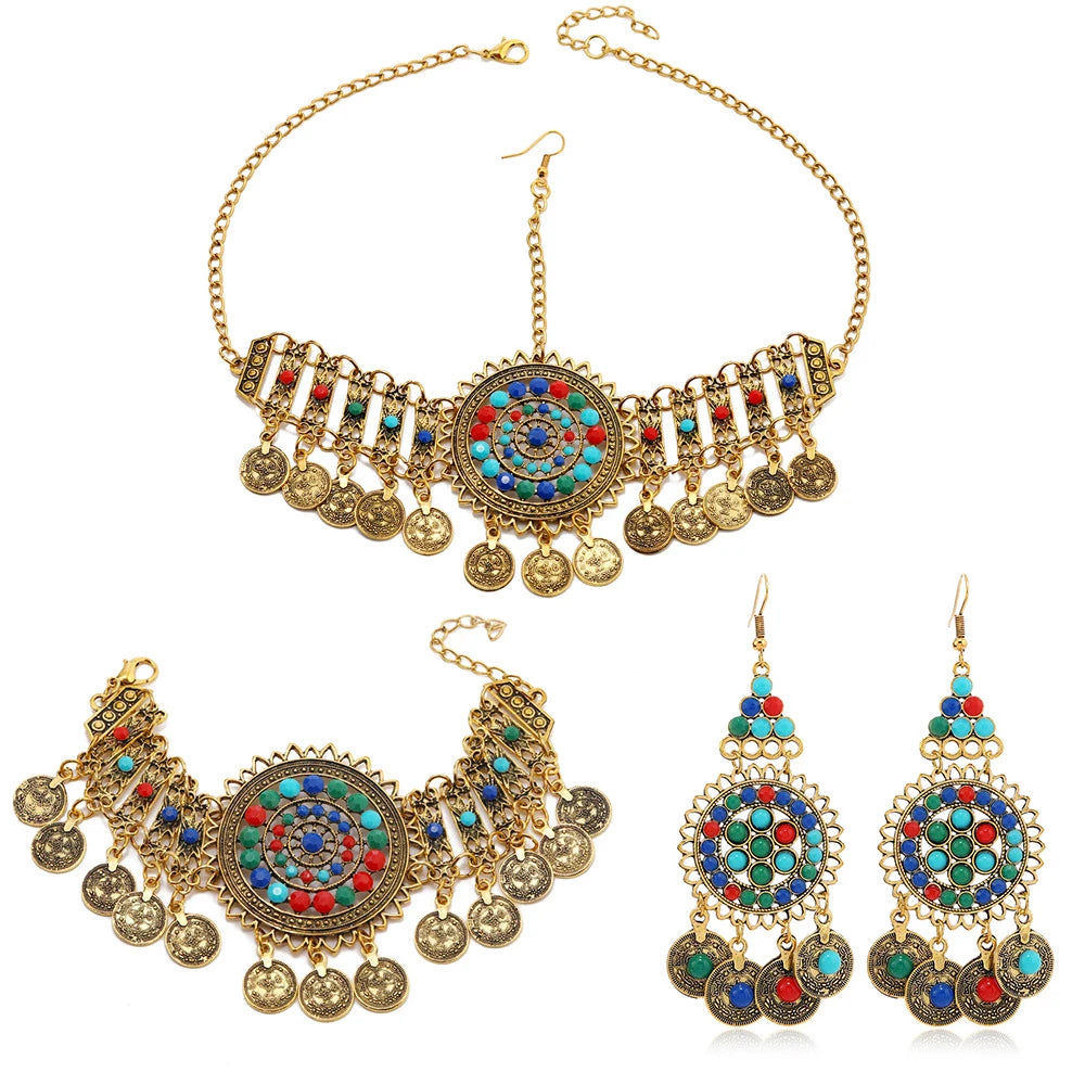 Afghan Gypsy Jewelry Set - Boho Coin Headband, Bracelet & Earrings