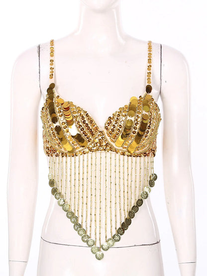 Belly Dance Bra with Beaded Tassels & Sequins