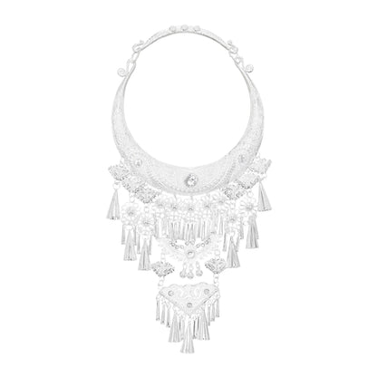 Ethnic Miao Silver Plated Horn Tassel Moon Pendant Necklace