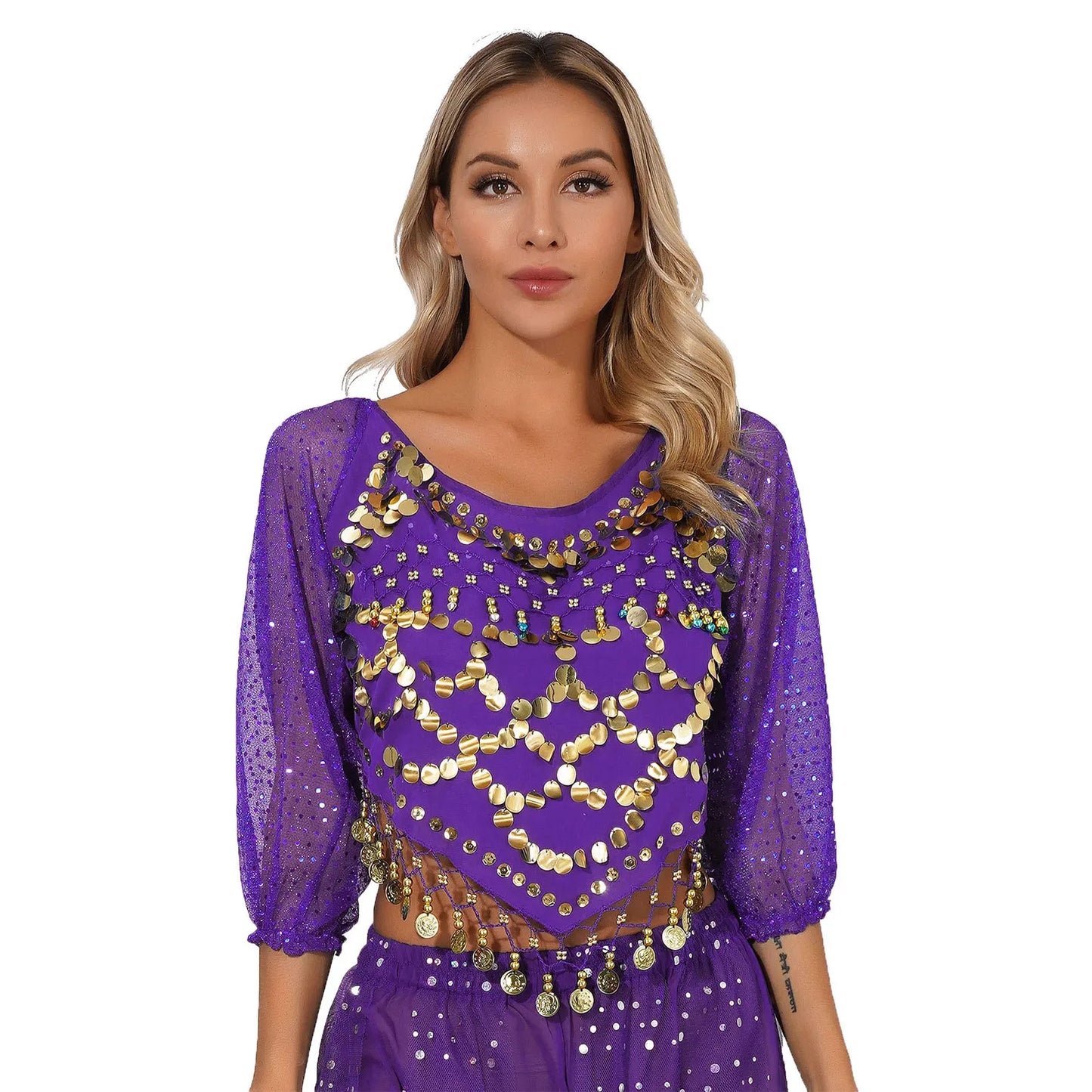 Sequined Long Sleeve Belly Dance Chiffon Crop Top – Self-Tie Back