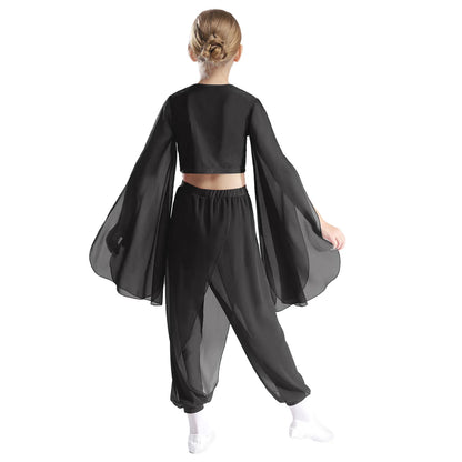 Kids' Dance Outfit - Split-Sleeve Crop Top & Chiffon Pants