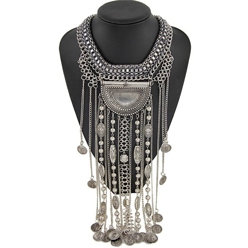 Long Maxi Coin Necklace - Bohemian Tribal Statement Jewelry