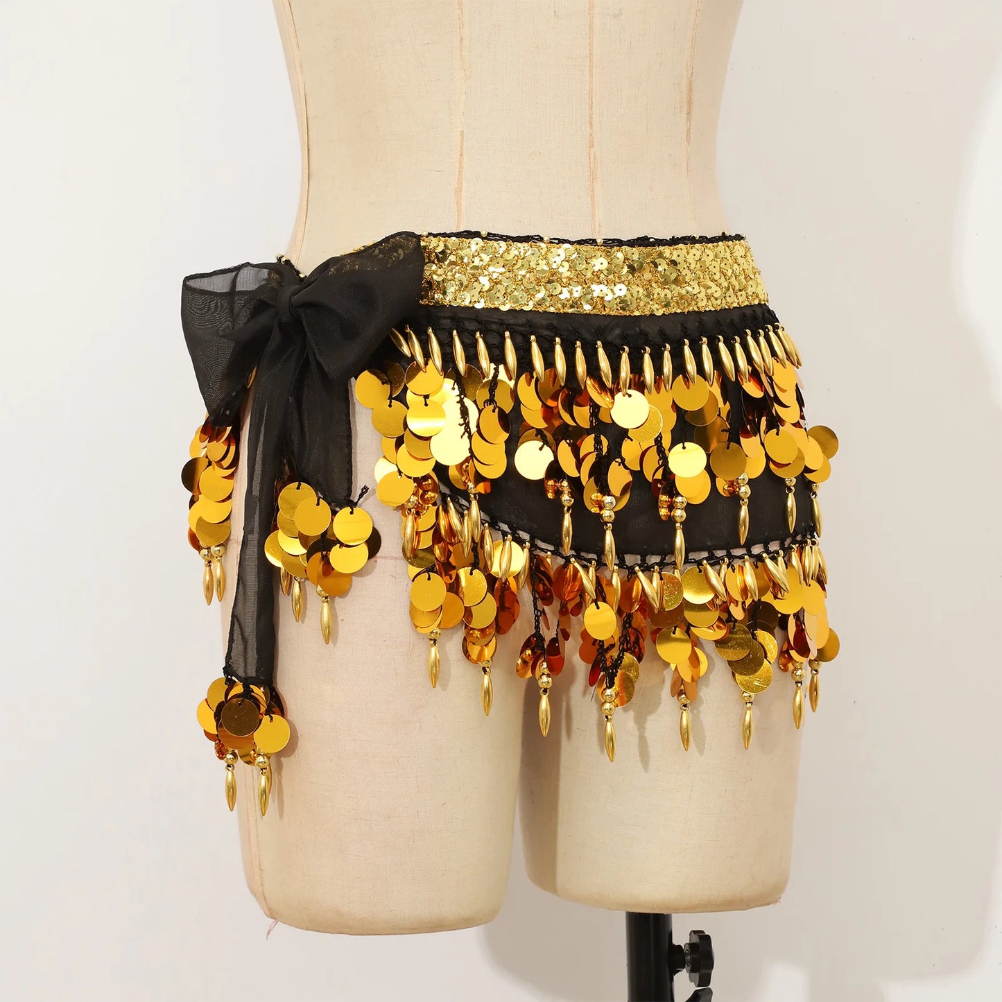 Women's Belly Dance Hip Scarf with Sequins, Beads & Lace-Up Waist Skirt