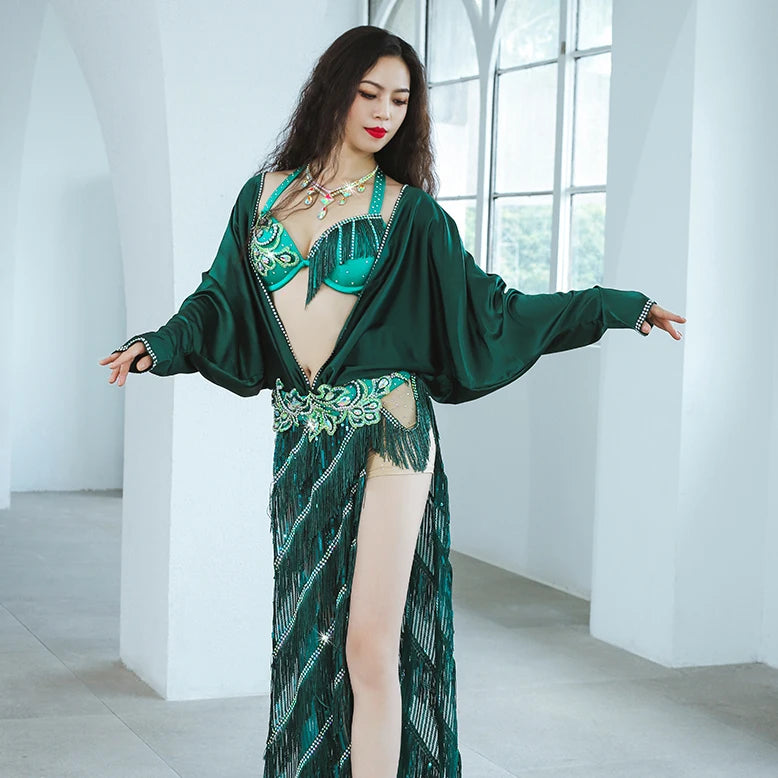 Emerald Enchantress: Asymmetrical Belly Dance Costume with Net Robe