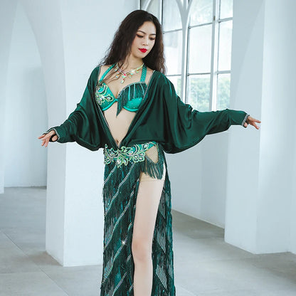 Emerald Enchantress: Asymmetrical Belly Dance Costume with Net Robe