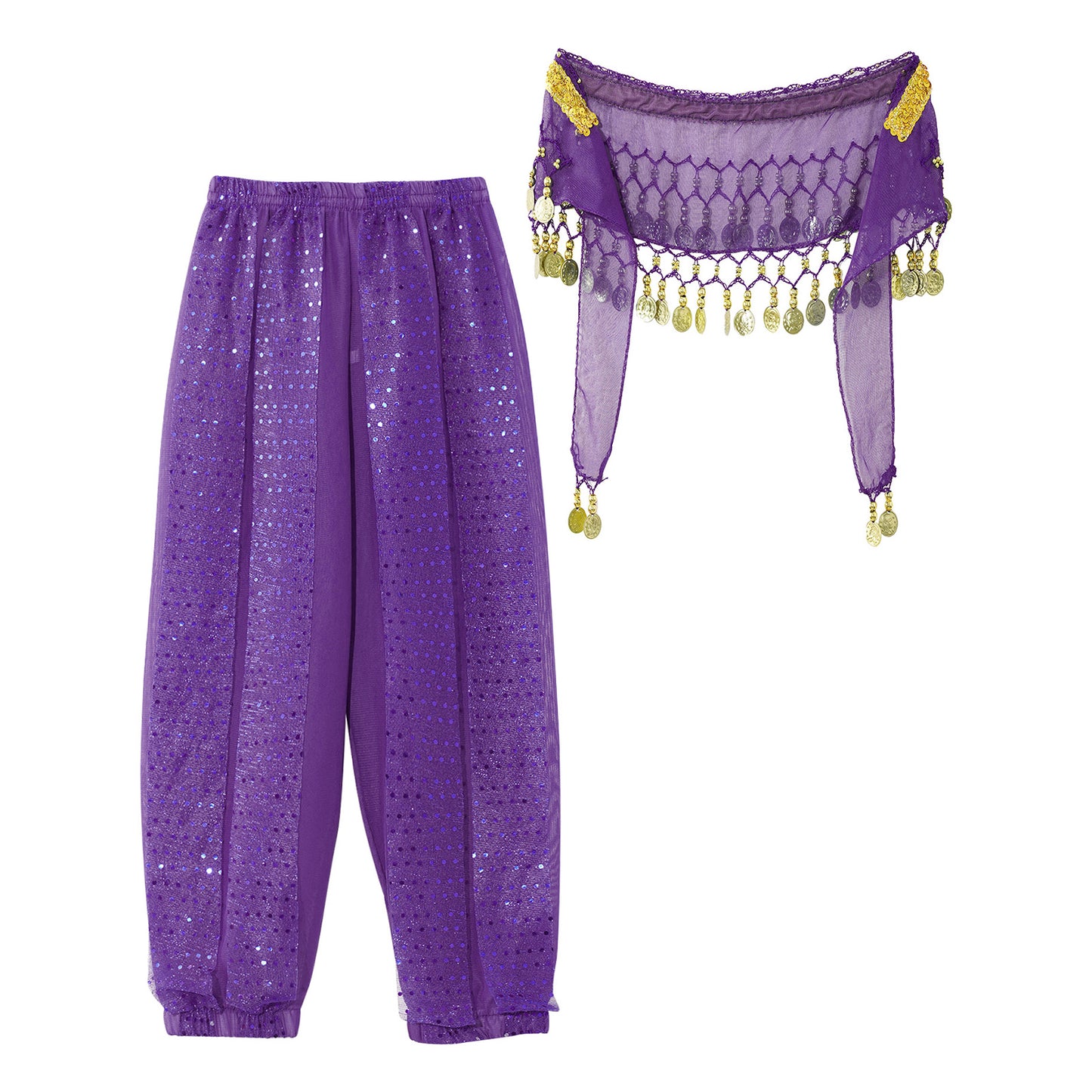 Kids' Belly Dance Costume Set - Sequined Pants & Beaded Hip Scarf