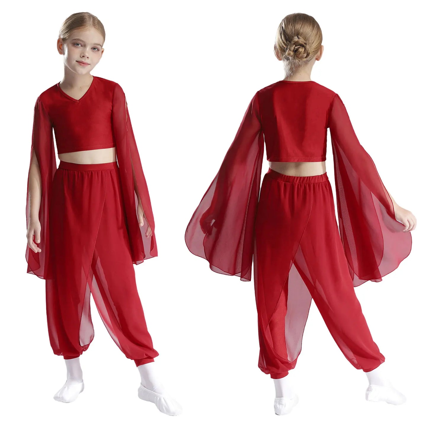 Kids' Dance Outfit - Split-Sleeve Crop Top & Chiffon Pants