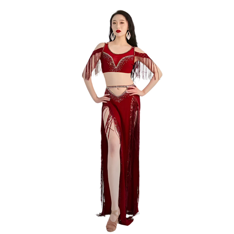 Short Sleeves Top + Long Skirt 2-Piece Belly Dance Performance Set