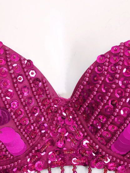 Belly Dance Bra with Beaded Tassels & Sequins