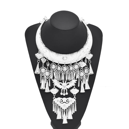 Ethnic Miao Silver Plated Horn Tassel Moon Pendant Necklace