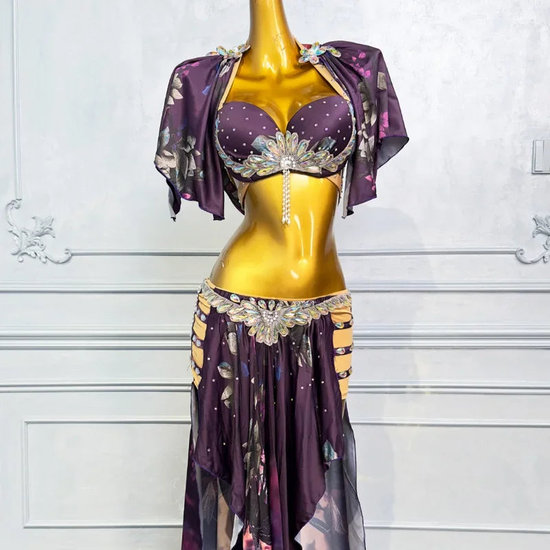 AB Stones Bra + Senior Satin Long Skirt – 2-Piece Professional Belly Dance Costume