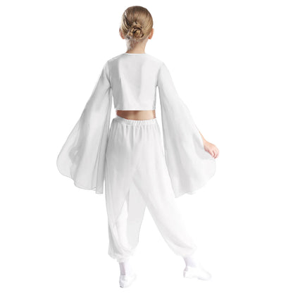 Kids' Dance Outfit - Split-Sleeve Crop Top & Chiffon Pants