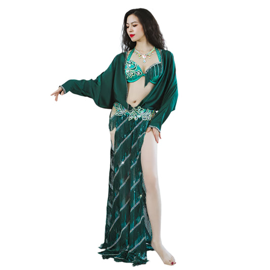 Emerald Enchantress: Asymmetrical Belly Dance Costume with Net Robe